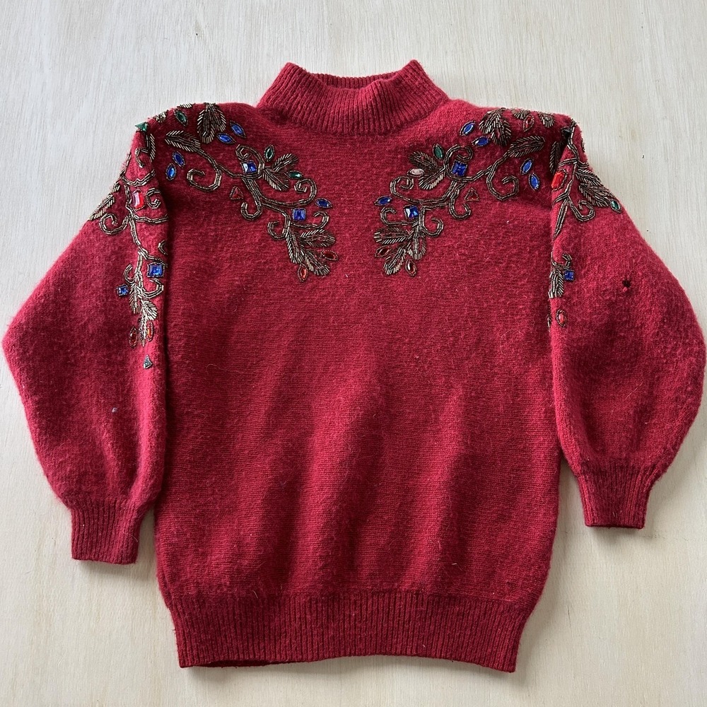 Vintage Nilani Petite Sweater Womens Small Red Beaded Silk Angora Mock Neck